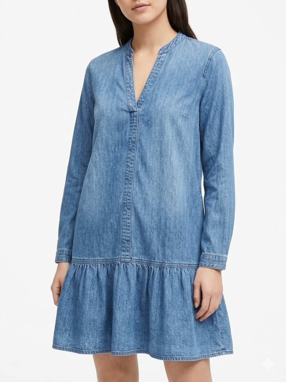 GAP Light Blue Denim V-Neck Long Sleeve Ruffle-Hem Dress